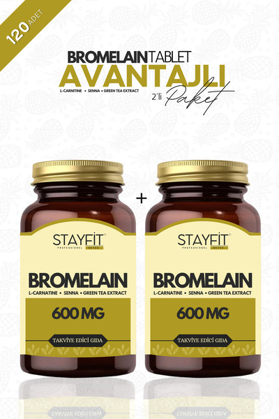 STAYFİT 2 Adet Bromelain 600 Mg 2400 Gdu L-Carnitine Takviye Edici Gıda 120 T...