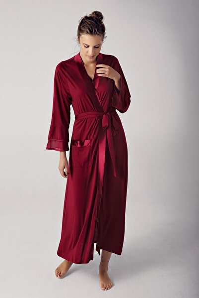 Artış Collection Women's Long Chiffon Satin Detailed Long Sleeve Viscose Dressing Gown 8600