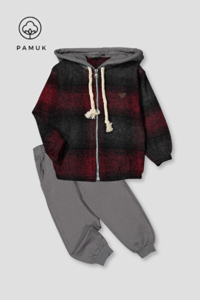 HK HOPKİDS Boys' Plaid Patterned Hooded Winter Top and Bottom Set