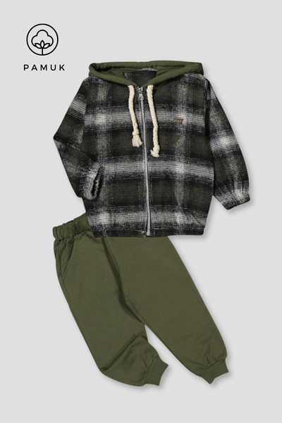 HK HOPKİDS Boys' Plaid Patterned Hooded Winter Top and Bottom Set