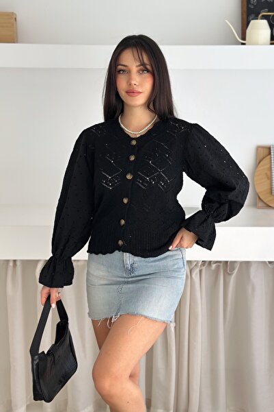 FEMELLE Black Fisto Lace Detailed Buttoned Knitwear Cardigan Standard Size