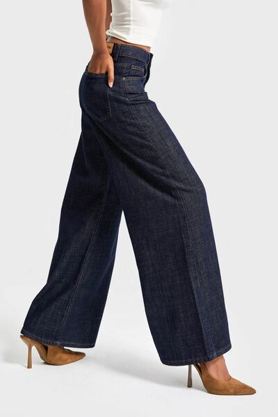 its basic Kadın İndigo Renk 7w5-50 Palazzo Fit %100 Koton Dökümlü Kumaş Denim Jean