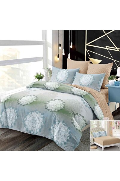 OEM Bed linen, 2 people, finet, 6 pieces, with elastic, brown, green and gray, with print, LEL482