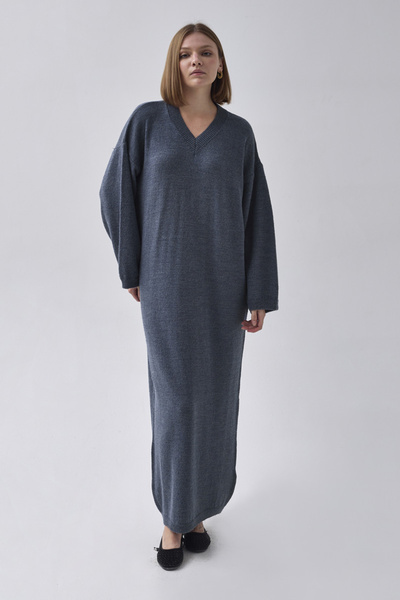 ZÜLAYS V Yaka Triko Elbise İndigo