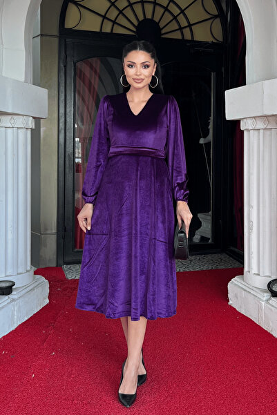 giyimmasalı Velvet Fabric V-Neck Midi Dress - Patlican Purple