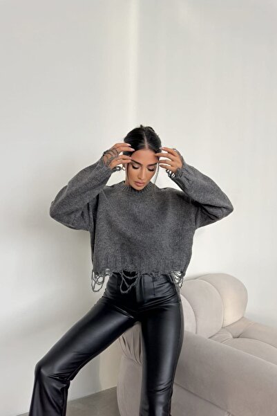 Noi Belis Pulover tricotat crop boy cu gât de bicicletă cu detaliu fluid AW25KZ0047