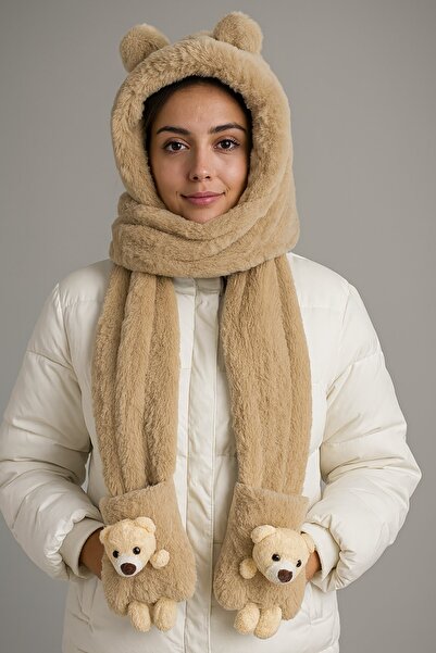 TAKIŞTIR Windproof Plush Beanie Scarf Gloves with Brown Teddy Bear Figure