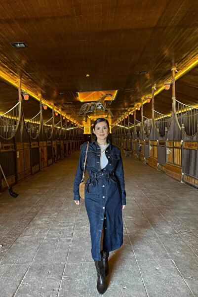 cemo Button Detailed Denim Dress with Belted Waist Ri̇ns Wash