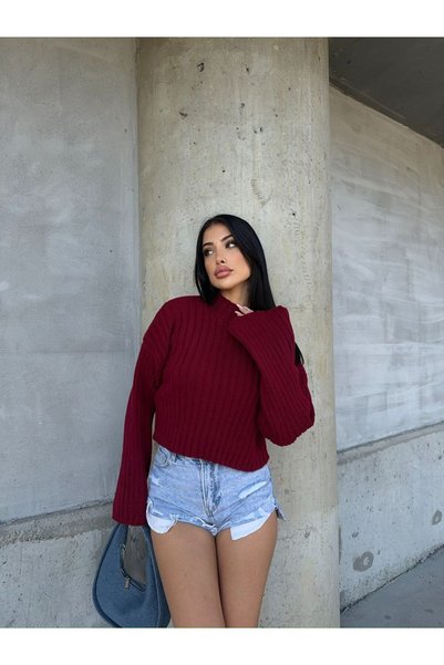 Noi Belis High Neck Wick Knit Detailed Crop Length Knitwear Sweater Aw25Kz0046