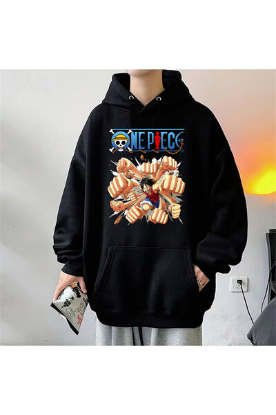 Le Savu Sevunera One Piece Monkey D. Luffy cu imprimeu Culoare neagră cu glug...