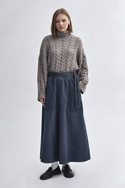 ZÜLAYS Yandan Tokalı Denim Etek Koyu Mavi