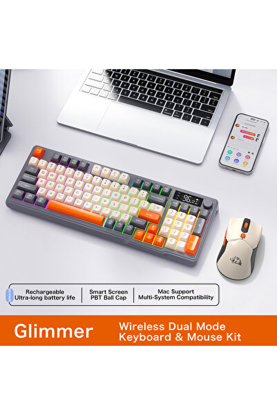 FreeWolf T96 2.4g Bt5.0 Çift Bağlantılı Tft Led Ekranlı Reinbow Gaming Oyuncu Klavye Mouse Set