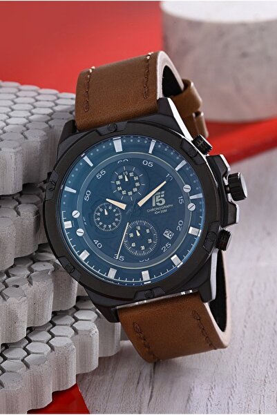 T5 Saat T5 Men's Wristwatch – Brown Leather Band – Black Case – Blue Dial – Multifunctional