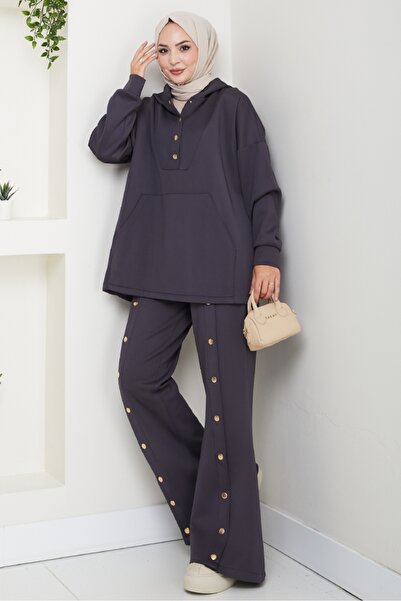 Bestenur Hooded Button Detailed Scuba Suit 1592 - Anthracite