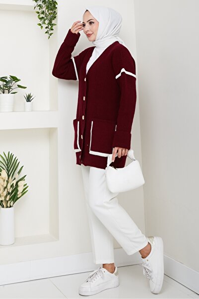 Bestenur İlge Buttoned Knitwear Cardigan 1597 - Burgundy