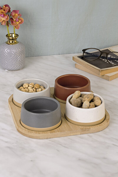 Benante Bambu Tabaklı Seramik Çerezlik - 4'lü