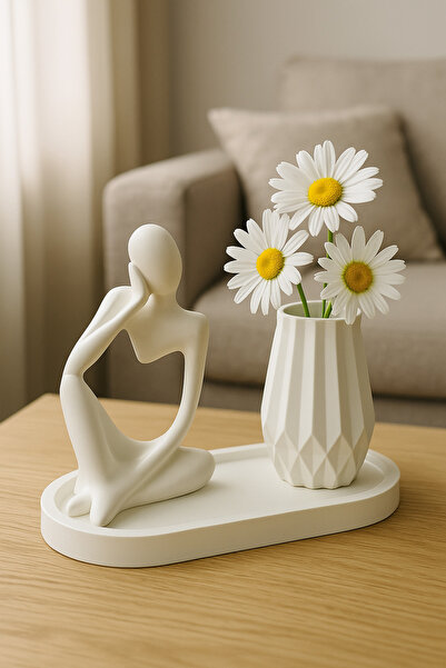 Nevhan Sanat Modern Heykel ve Vazo Seti – 3 Parça Minimalist Dekor – Oturan I...