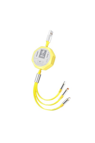 Universal Retractable 3-in-1 Fast Charging Cable 100W, Mecha Style, Universal, 1.2m, Yellow