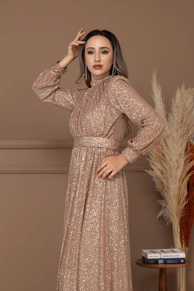 BEYBOS Pul Tül Payet Kumaş Büzgü Detaylı Kiloş Elbise - BRONZ