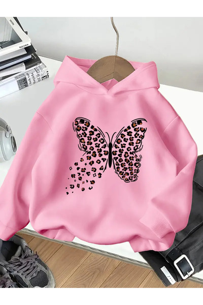 MORNİNG KİDS Ροζ φούτερ για κορίτσια με στάμπα με λεοπάρδαλη πεταλούδα