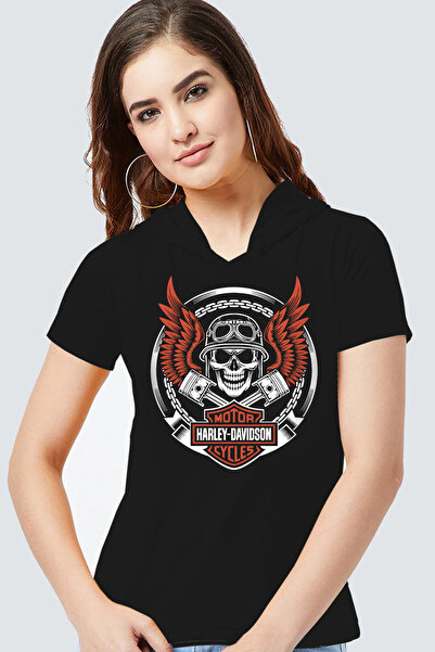 ROCKANDROLL Biker Wings Black Hooded Short Sleeve Women's T-Shirt