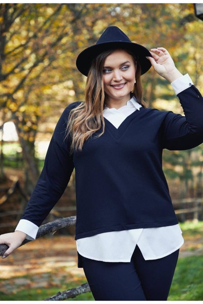 Serra Women's Plus Size Crystal Fabric Shirt Collar Blouse