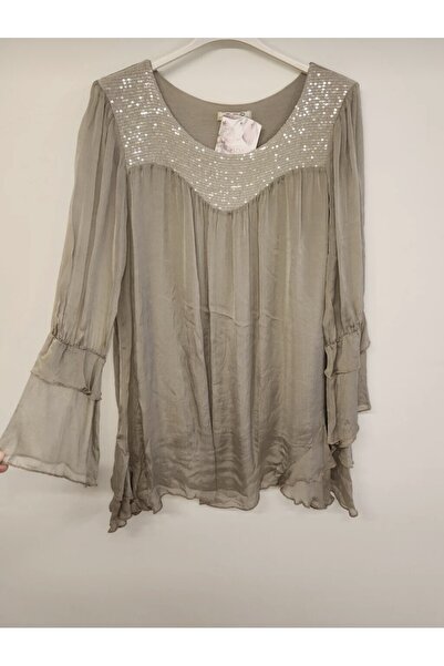 İTALYAN AS&SA YAKASI PUL PAYET İŞLİ KOL KATLI VİZON İPEK BLUZ