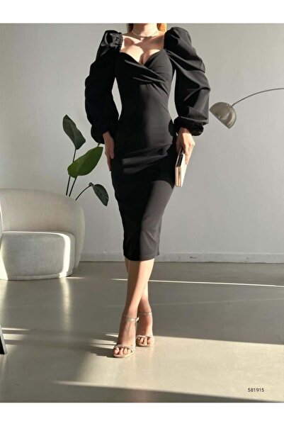 Modafeminen Διπλό γιακά Μπαλόνι Μανίκι Εισαγόμενο Κρεπ Ύφασμα Midi Μήκος Φόρεμα