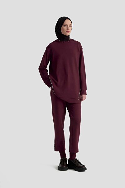 Armine 25Kt603 Burgundy Women's Hooded Two-Thread Stone Pants Suit