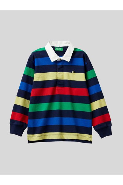 Benetton Erkek Çocuk Cizgili Polo Yaka Sweatshirt 1-6 Yaş Lacivert