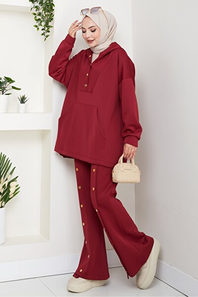 Bestenur Hooded Button Detailed Scuba Suit 1592 - Burgundy