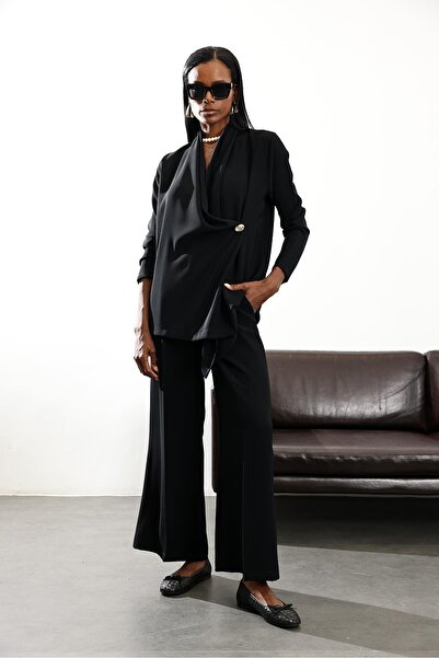 5in1Canpolat Black Gold Button Detailed Crepe Suit 4002