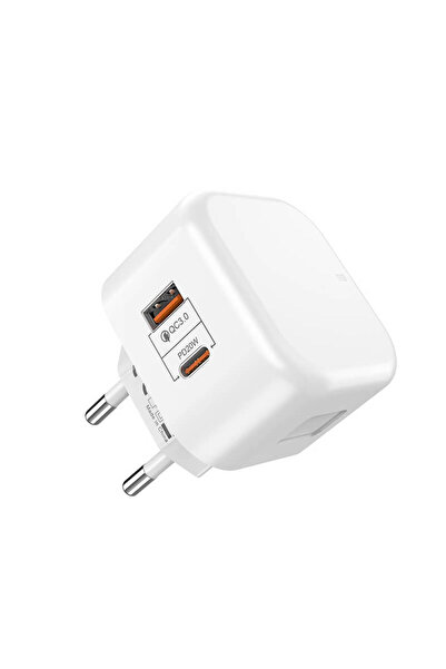 Edman PD20W Fast Charging Universal Charger with 2 ports, USB Type C and USB, white