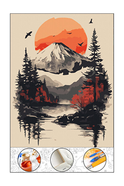 abbara Sayılarla Boyama Çerçeveli Kasnaklı Numaralı Tuval Seti Fırça Boya Dahil 40x50 Cm Fuji Dağı