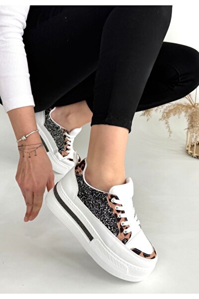 Erbilden Lawin White Skin Black Glitter Lace-Up Sneakers