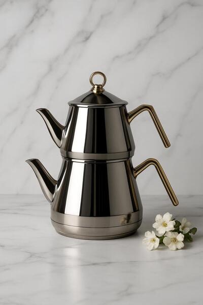 DOWRY STİL Vival Family Size Gold 4 Piece Teapot Set 18/10 1.00 Lt 2.00 Lt