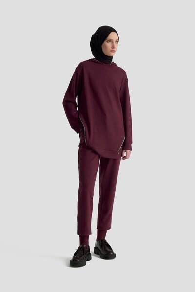 Armine 25Kt603 Burgundy Women's Hooded Two-Thread Stone Pants Suit