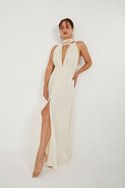 CAN ÇAPAR Women's Slit Detailed Backless Muslin Fabric Dress