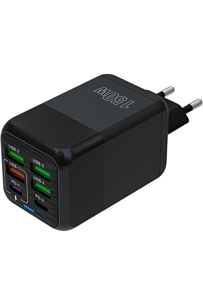 Flippy ® Multifunctional Charger, 6 Ports (2x PD Type-C + 4x USB), 150W, Fast Charge, Black