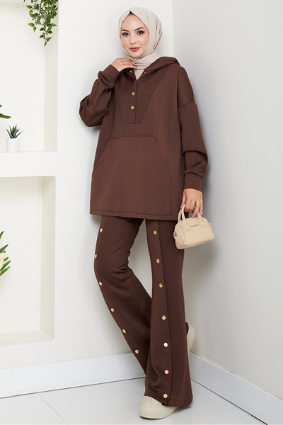 Bestenur Στολή κατάδυσης με λεπτομέρεια με με κουκούλα κουμπιά 1592 - Bitter Brown