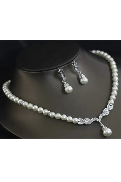 Manu Collection Kadın gümüş rengi taşlı inci kolye küpe set sınırlı sayıda özel seri