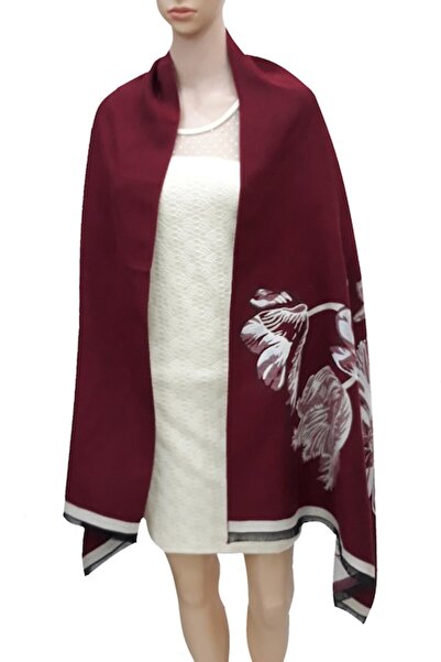 L-line fashion Șal de damă cu două fețe, vișiniu/crem, model floral, mărime 190/65 cm