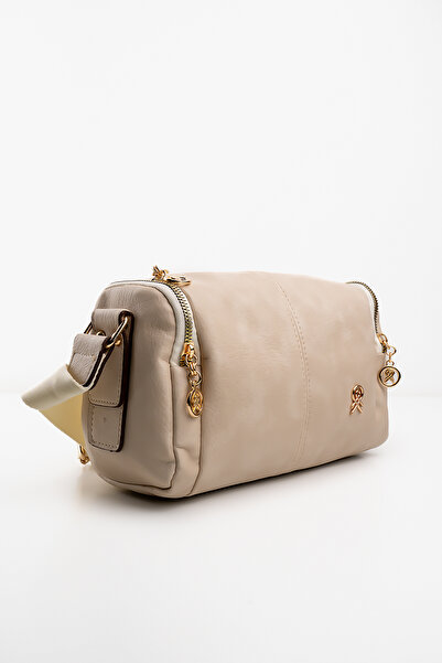 Cochines Women's Cream Leather Cylinder Cross Shoulder Bag with 3 Compartments, Lining, Adjustable Column Strap