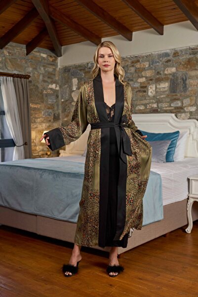 Cossy By Aqua Leopard Patterned Long Satin Dressing Gown Cossybyaqua 26372-1(36-38)
