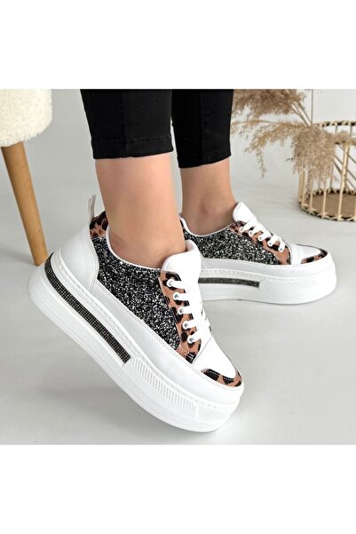 Erbilden Lawin White Skin Black Glitter Lace-Up Sneakers
