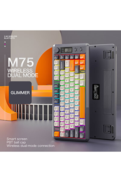 FreeWolf M75 kablosuz 2.4ghz kablosuz + bt çift Modlu klavye Led Ekranlı oyun klavyesi ile PBT Knob Rainbow