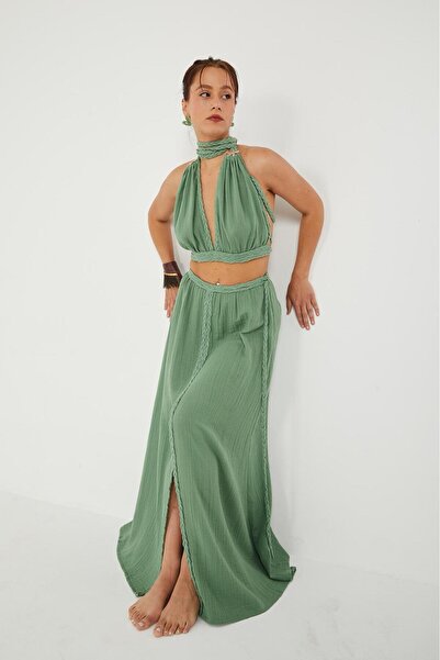 CAN ÇAPAR تنورة ماكسي نسائية بفتحة جانبية وتوب قصير بتفاصيل شبكية مع ربطة، طق...