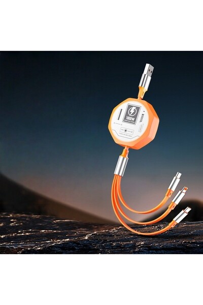 Universal 3-in-1 Retractable 100W Fast Charging Cable, Mecha Style, Universal, 1.2m, Orange