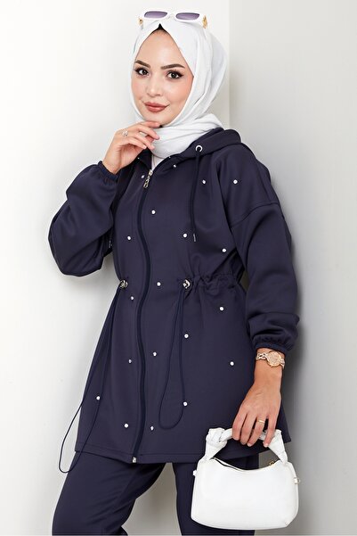 Bestenur Stone Detail Tunnel Belted Scuba Suit 1594 - Navy Blue