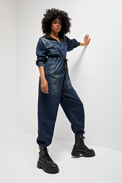 its basic Kadın T.Kot Rengi Bol Kesim Kapişonlu Özel Tasarım Denim Tulum